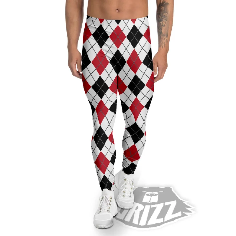 Exclusive Savings White Argyle And Black Red Print Men's Leggings