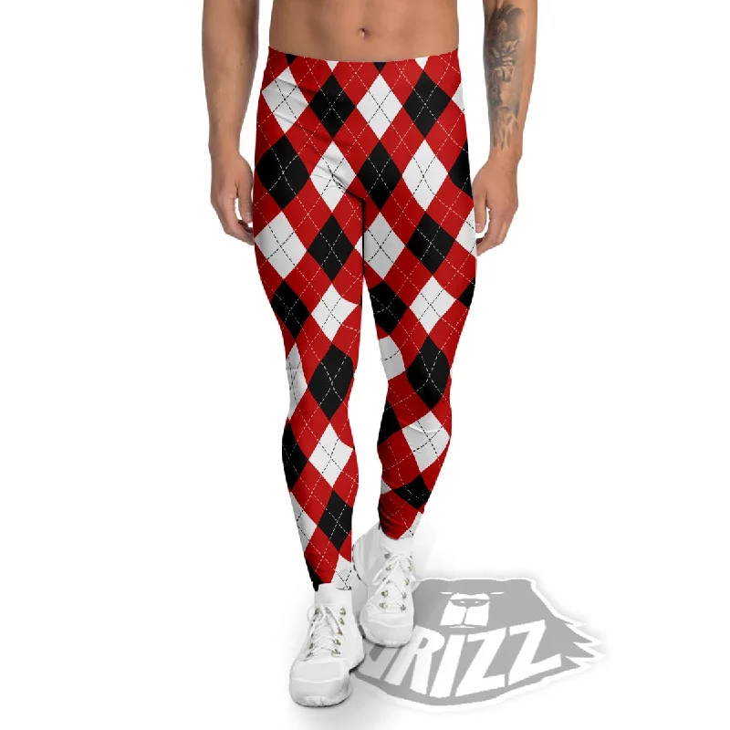 Discount Deals White Argyle And Black Red Print Pattern Men's Leggings