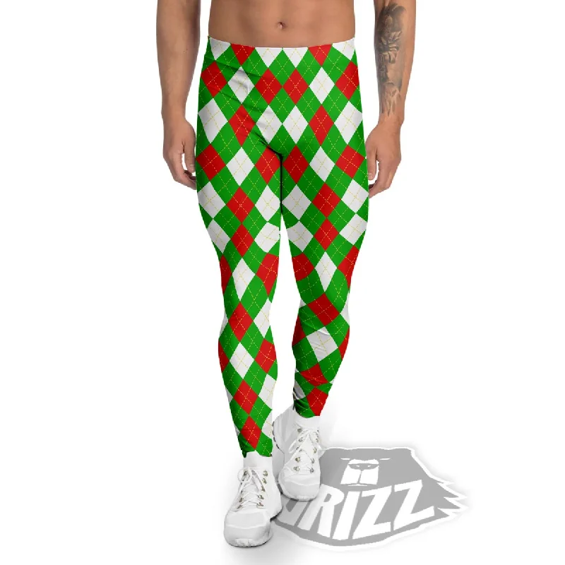 Best Bargains White Argyle And Green Red Print Pattern Men's Leggings