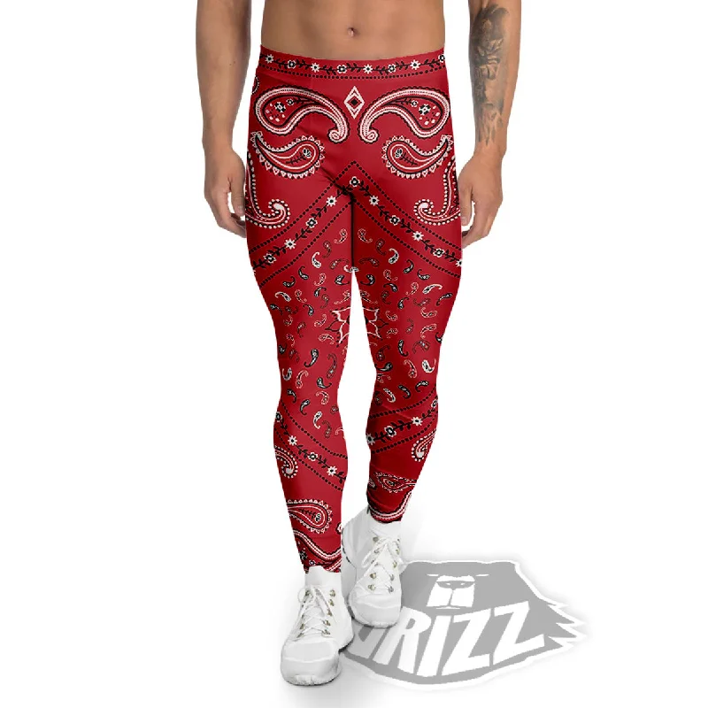 Closeout White Bandana And Black Red Print Men's Leggings