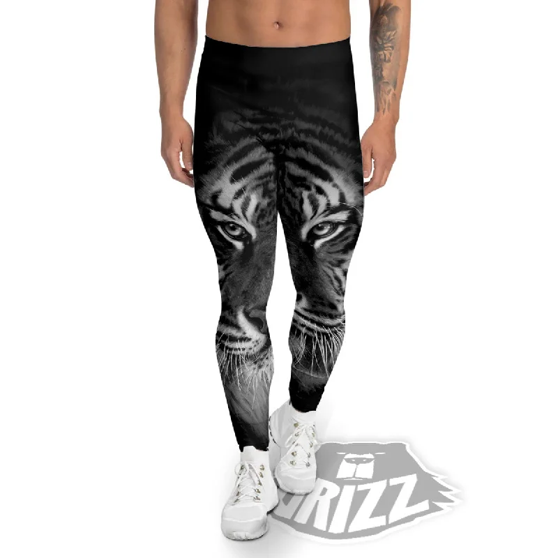 Mega Sale White Bengal Tiger Monochrome Print Men's Leggings