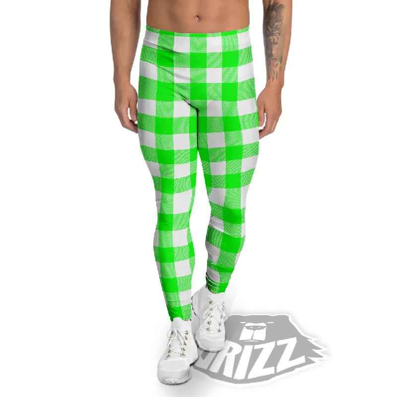 Exclusive Offers White Buffalo Check And UFO Green Print Pattern Men's Leggings