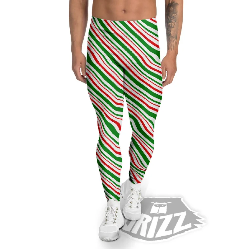 Must-Have Deals White Candy Cane And Red Green Print Men's Leggings