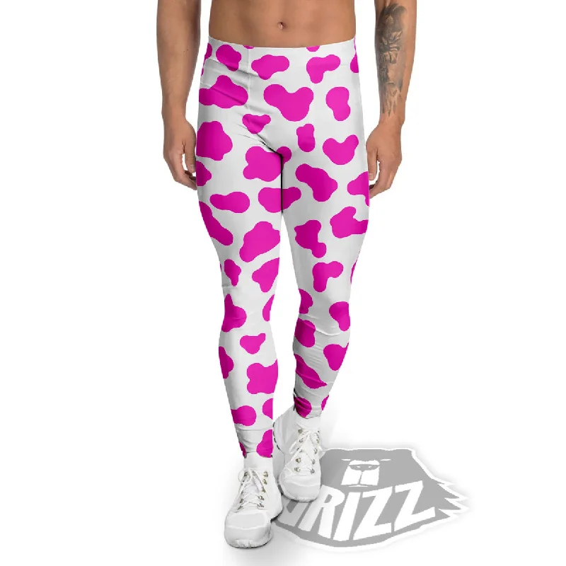 Last Chance White Cow And Hot Pink Print Men's Leggings