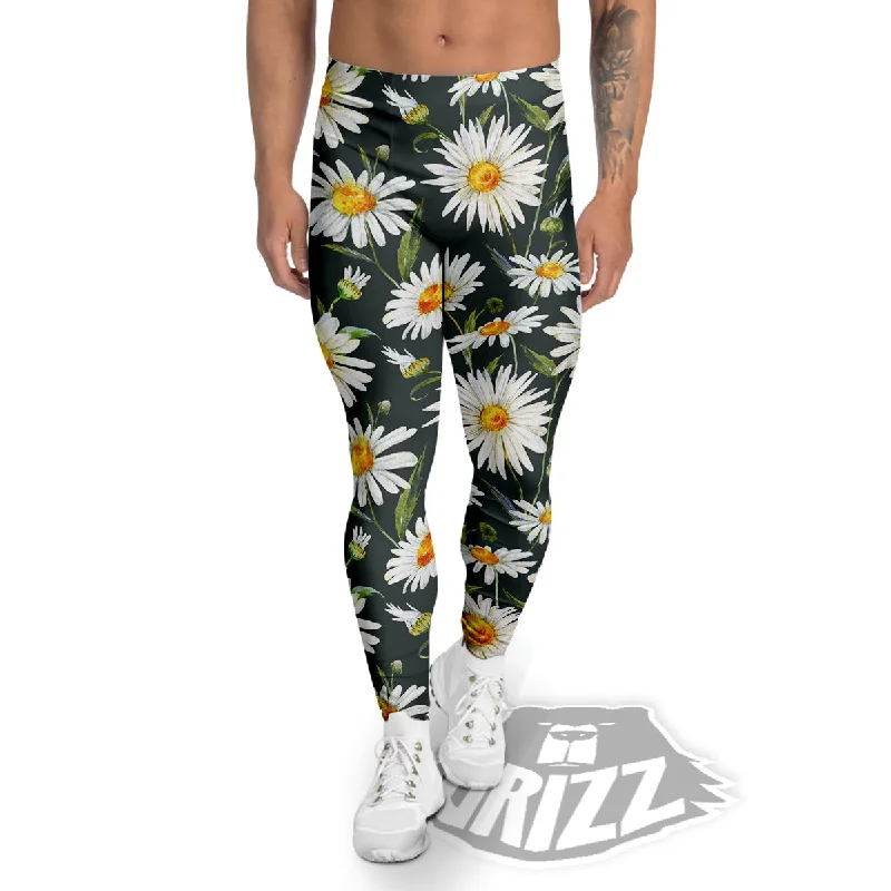 Unbeatable Prices White Daisy Watercolor Print Pattern Men's Leggings