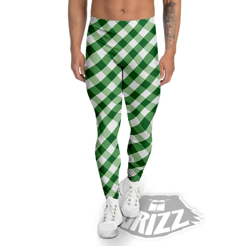 Deal of the Week White Gingham And Green Shamrock Print Pattern Men's Leggings
