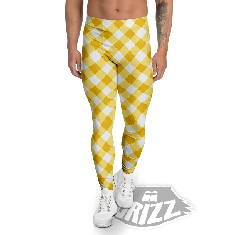 Special Offer White Gingham And Yellow Honey Print Men's Leggings