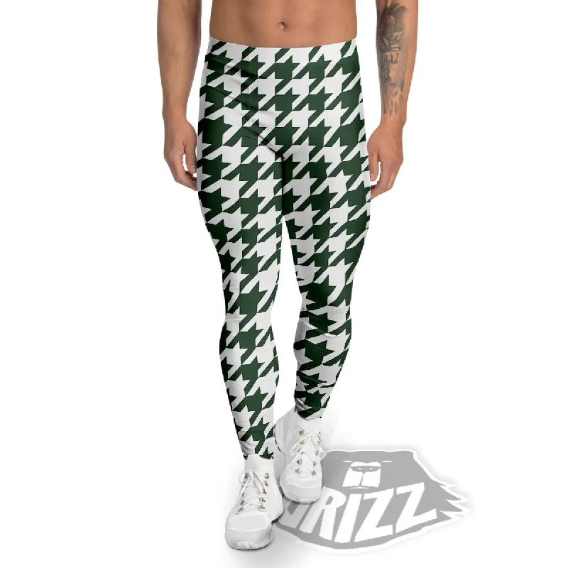 Holiday Sale White Green Jungle Houndstooth Print Men's Leggings