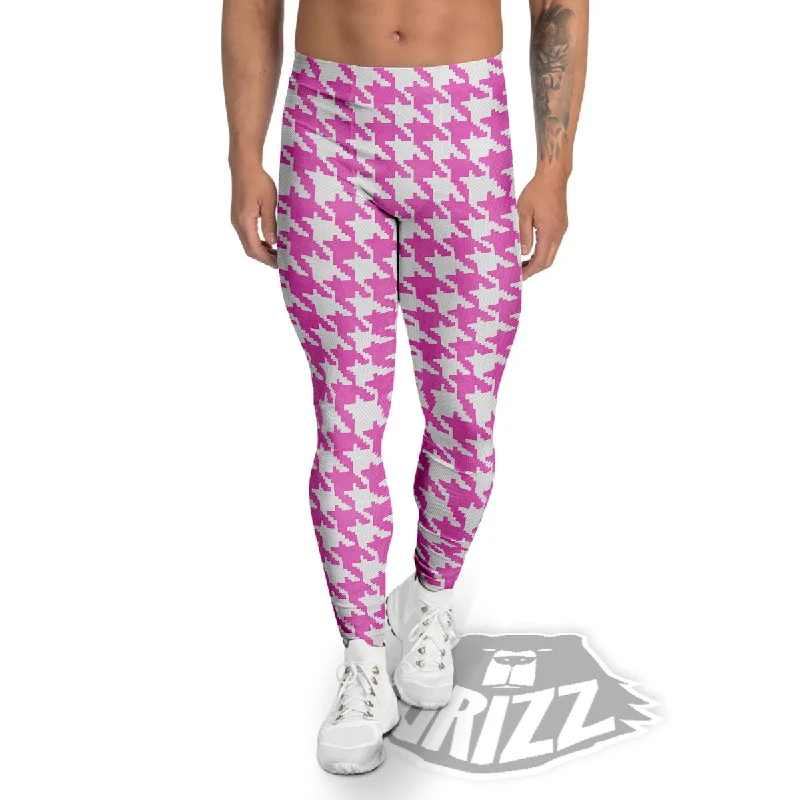 New Arrival White Houndstooth And Pink Print Men's Leggings