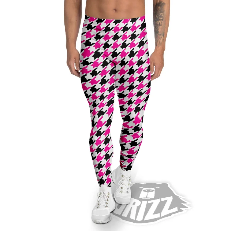Limited Time Offer White Pink And Black Houndstooth Print Men's Leggings