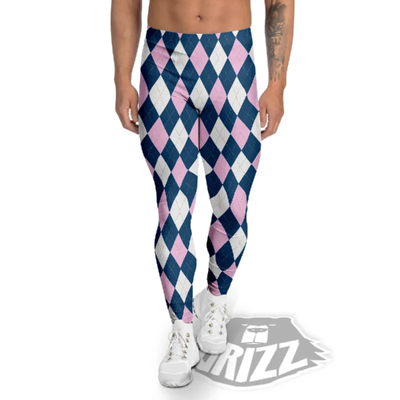 Best Deals White Pink And Blue Argyle Print Pattern Men's Leggings