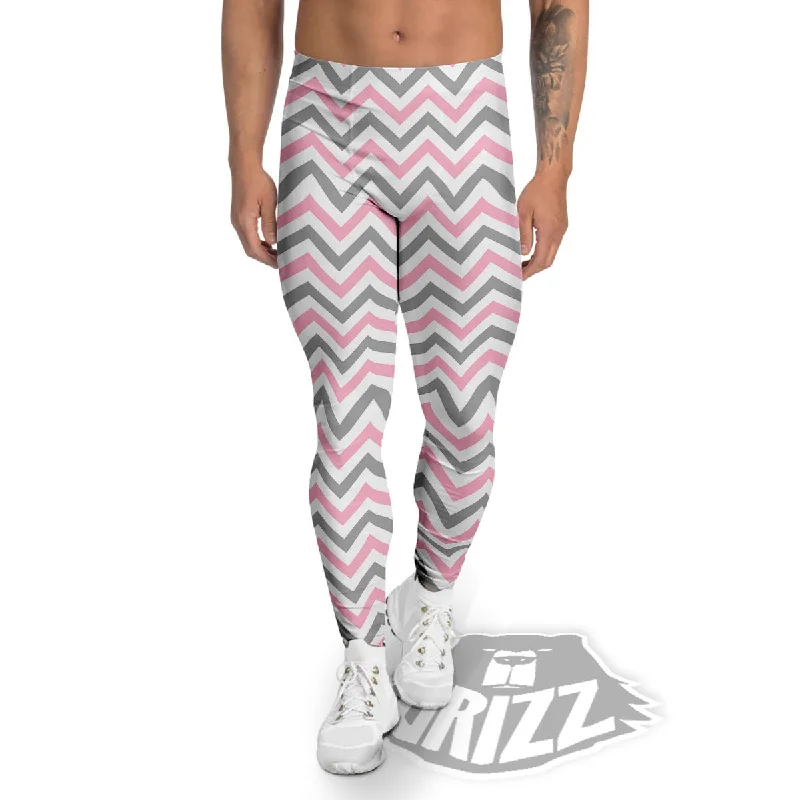 YEAR-End Clearance White Pink And Grey Chevron Print Men's Leggings