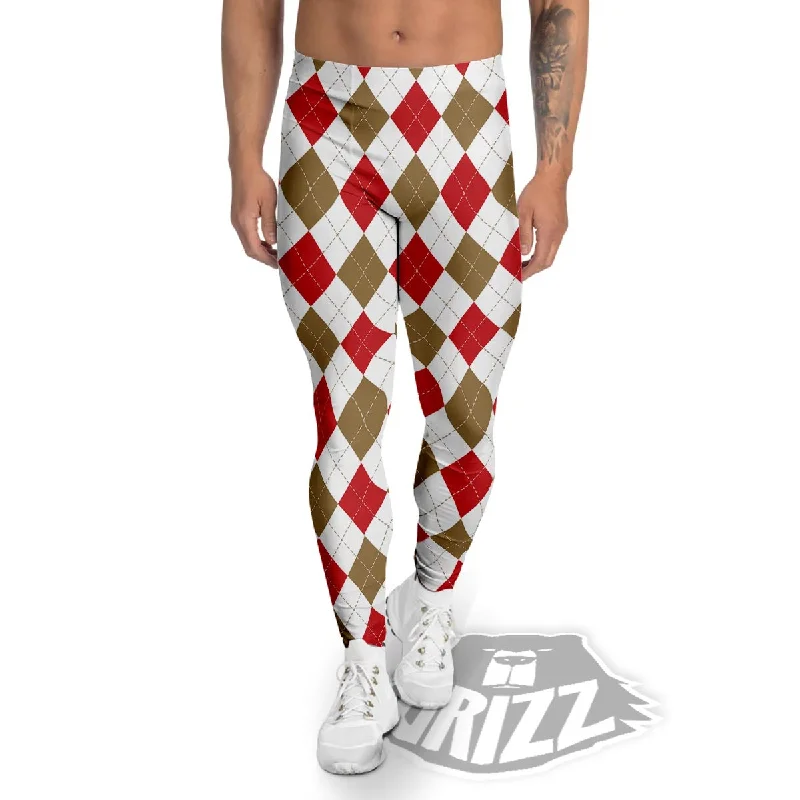 Super Bargain White Red And Beige Argyle Print Pattern Men's Leggings