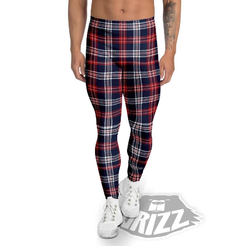 Quick Sale White Tartan And Blue Red Print Pattern Men's Leggings