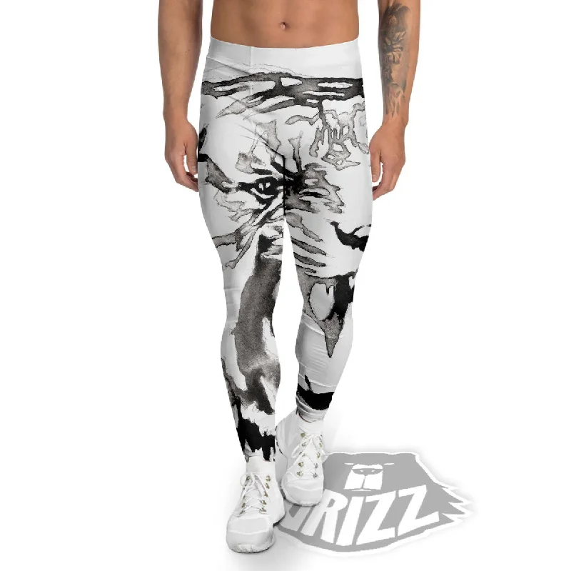 Super Bargain White Tiger Watercolor Monochrome Print Men's Leggings