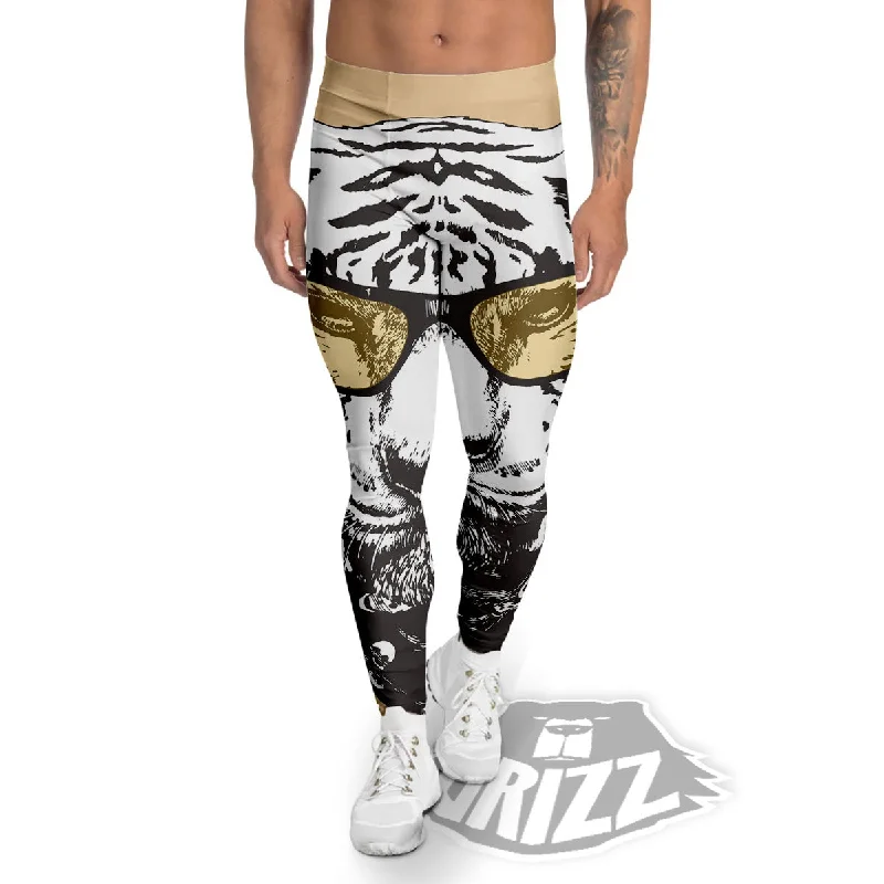 Shop and Save White Tiger With Sunglasses Print Pattern Men's Leggings