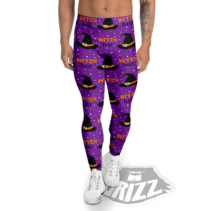 Final Clearance Witch Hat Purple Halloween Print Pattern Men's Leggings