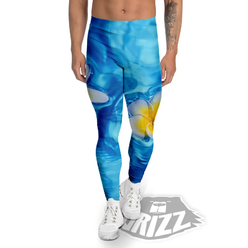 Closeout Yellow And White Plumeria In Water Print Men's Leggings