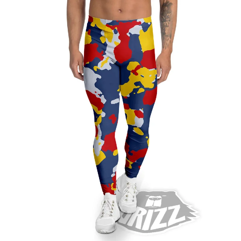 Deep Discounts Yellow Red And Blue Camouflage Print Men's Leggings