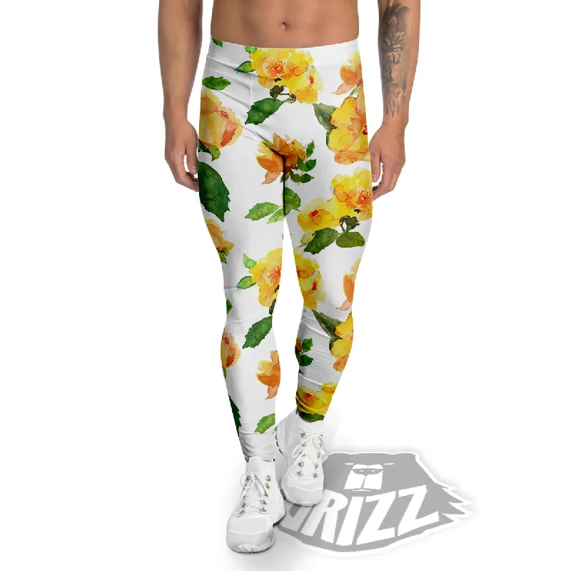 Bargain Blast Yellow Rose Watercolor Print Pattern Men's Leggings
