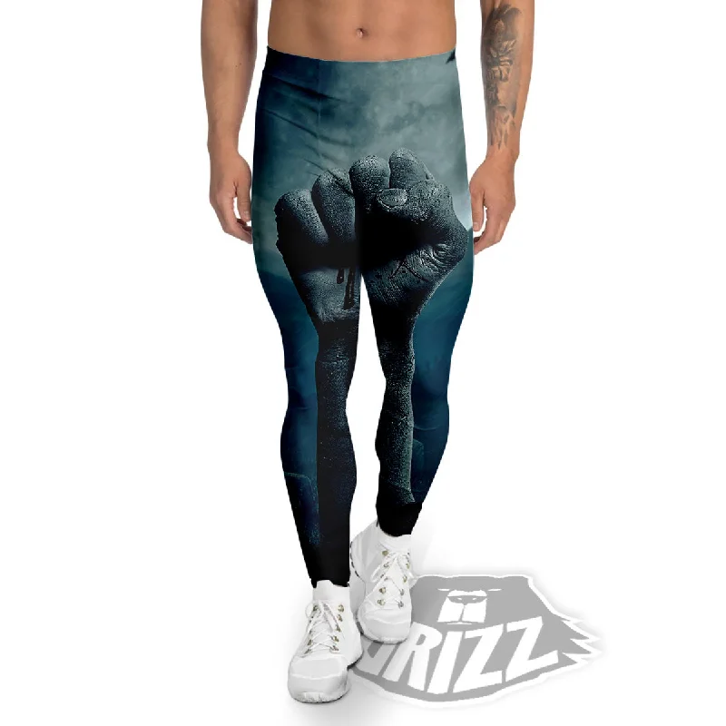 Don't Miss Zombie Hand Rising From Grave Print Men's Leggings