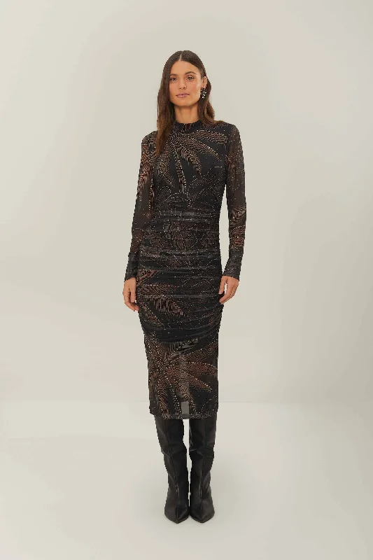 Price Smash Black Golden Foliage Tulle Midi Dress