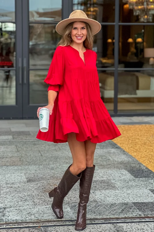 Daily Deals Addo V neck tiered Dress : Red