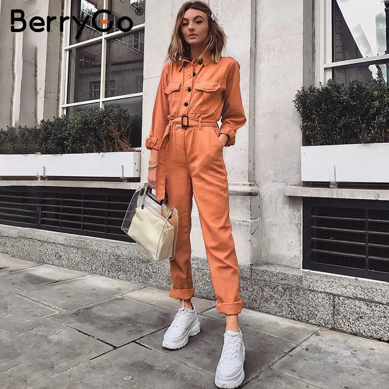 Can't Be Beat BerryGo Casual cargo cotton female jumpsuits Orange sash pocket sport womens jumpsuit romper Chic autumn winter ladies overalls Can't Be Beat BerryGo Casual cargo cotton female jumpsuits Orange sash pocket sport womens jumpsuit romper Chic autumn winter ladies overalls