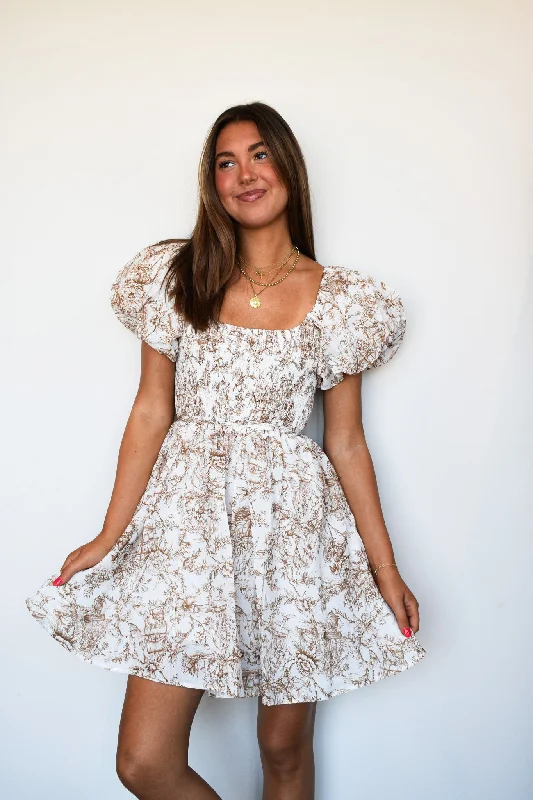 Special Discount Toile Smocked Mini Dress- Natural