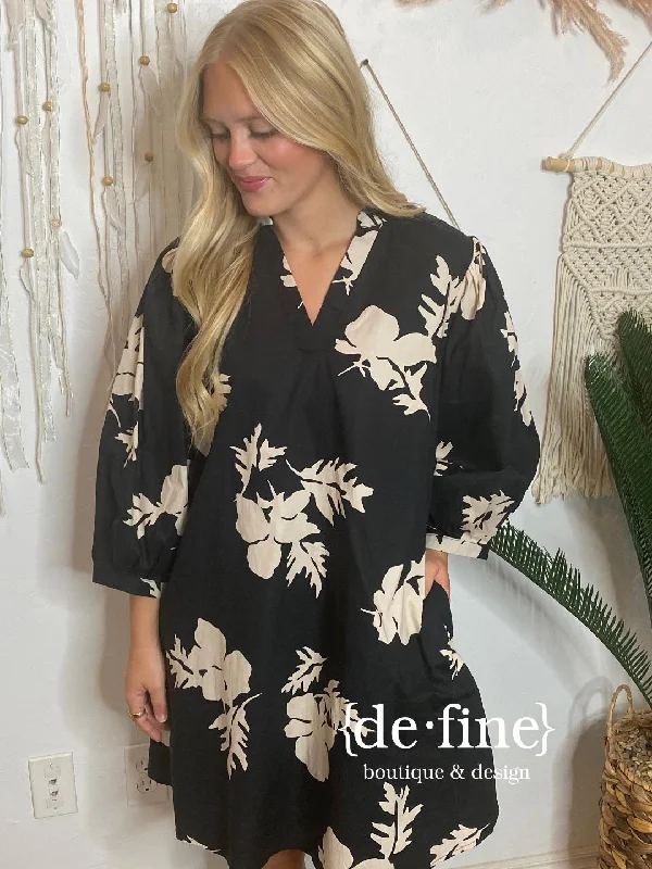 Huge Savings Black and White Floral V-Neck Dress