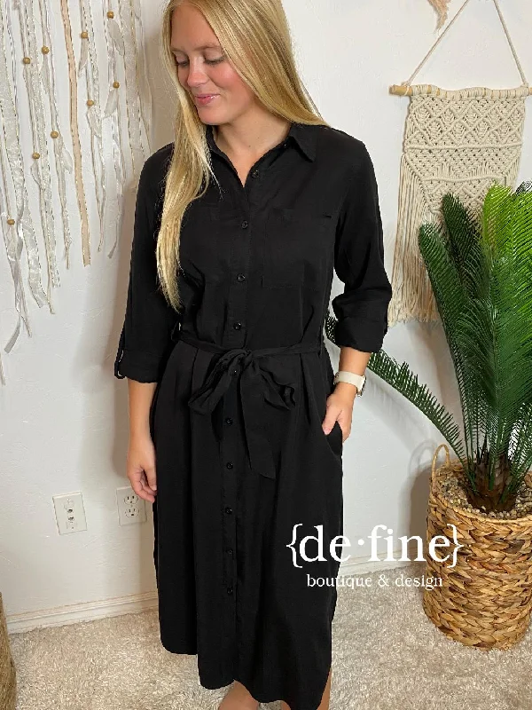 Final Sale Black Midi Button Down Dress with 3/4 Sleeves