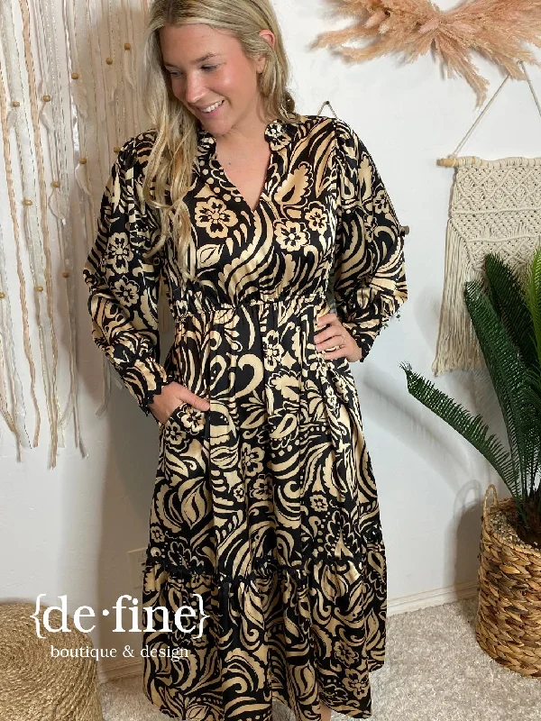 Lowest Price Black & Tan Satin Floral Midi Dress S-XL