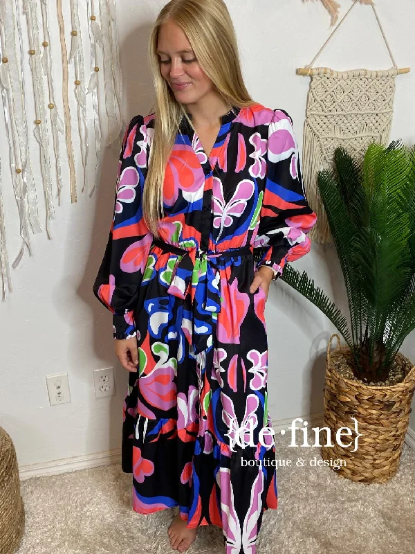 Daily Specials Black with Bright Flowers V-Neck Midi Dress S-XL