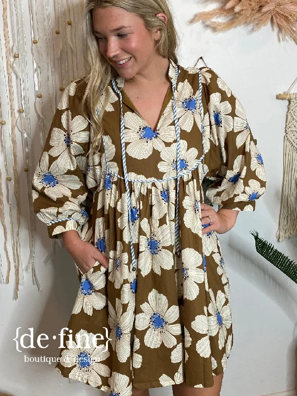 New Markdowns Brown and Blue Floral Dress in Regular & Curvy