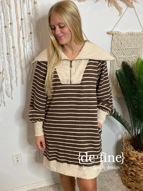 Take Advantage Brown and Tan Striped Sweater Dress with Zipper
