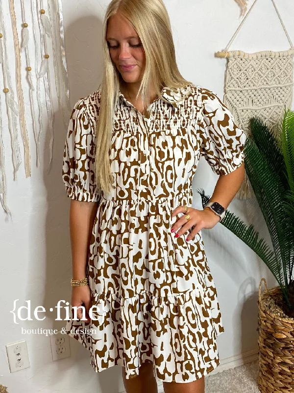 Low Prices Brown and White Abstract Babydoll Dress