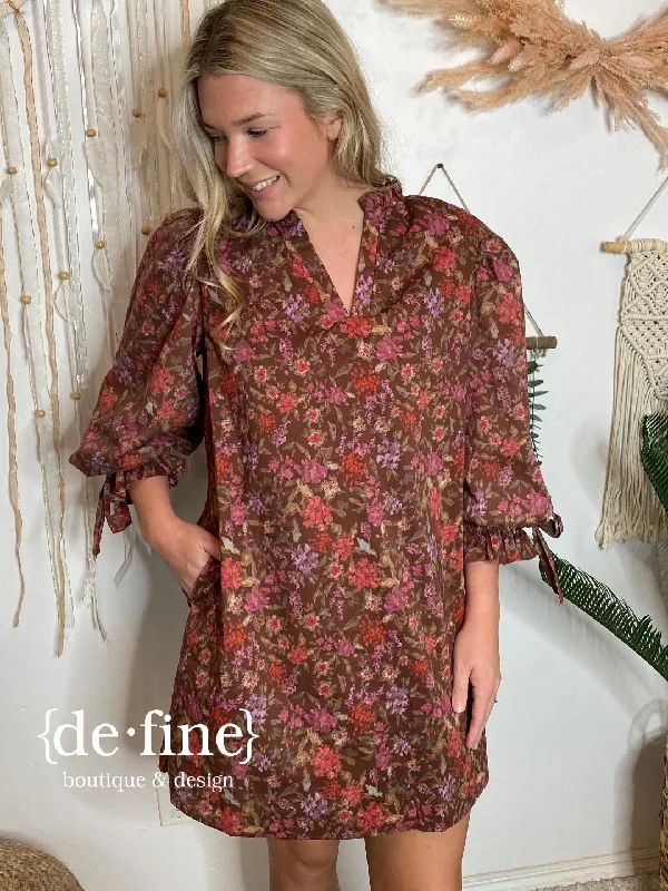 New Deals Brown Floral V-Neck Dress with Small Bows on Sleeves