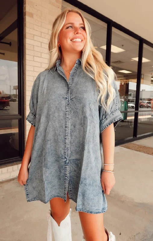 Act Now Button Down Washed Shirt Dress