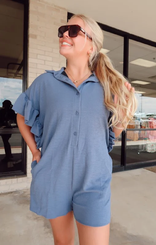 Super Sale Button Up Ruffle Sleeve Romper