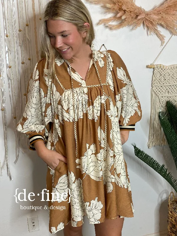 Massive Deals Camel Dress with Black and White Flowers