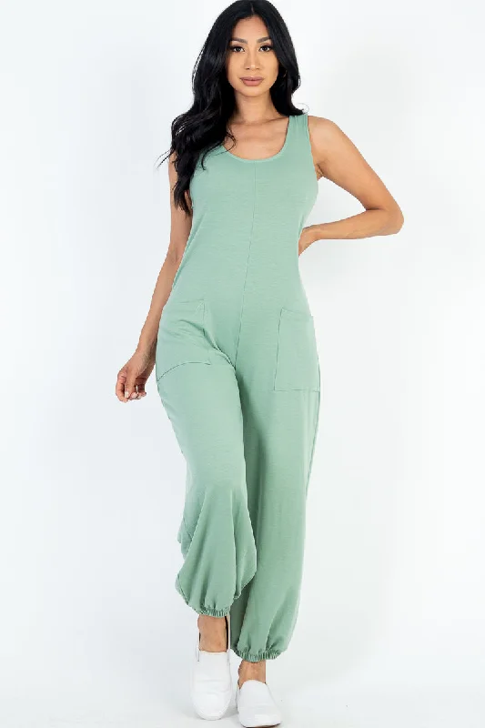 Flash Sale Relaxed French Terry Sleeveless Scoop Neck Jumpsuit with Front Pocket