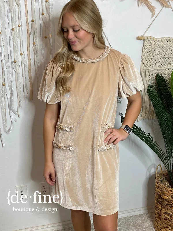 Online Only Champagne Velvet Dress with Braided Accents and Gold Buttons