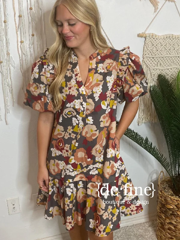 One-DAY Sale Charcoal Floral V-Neck Knee Length Dress