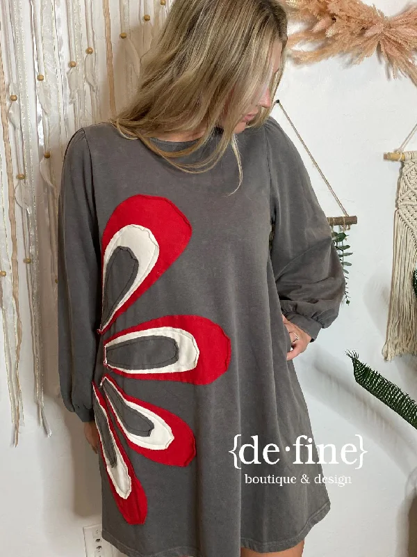 Price Rollback Charcoal or Brick T-Shirt Dress with Large Applique Flower