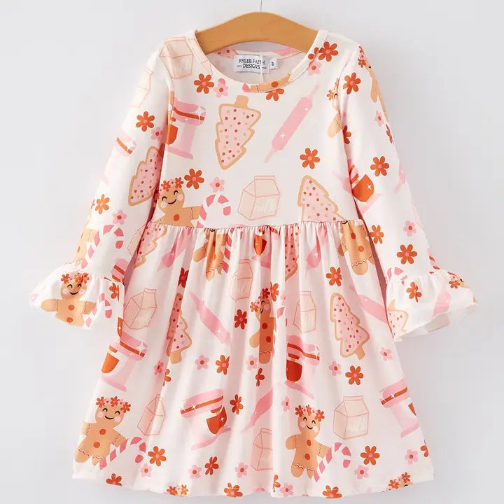 Discount Deals Christmas Gingerbread Print Ruffle Dress