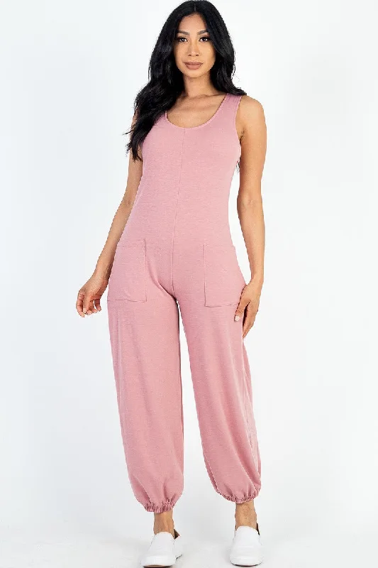 Weekend Deal Casual Solid French Terry Sleeveless Scoop Neck Front Pocket Jumpsuit