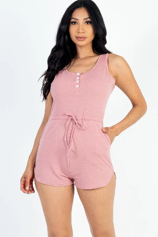 Clearance Sale Sleeveless Drawstring Waist Button Tank Romper
