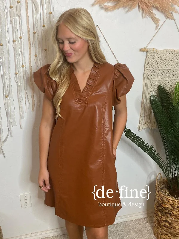 Daily Deals Cognac Faux Leather Shift Dress with Ruffle Accents