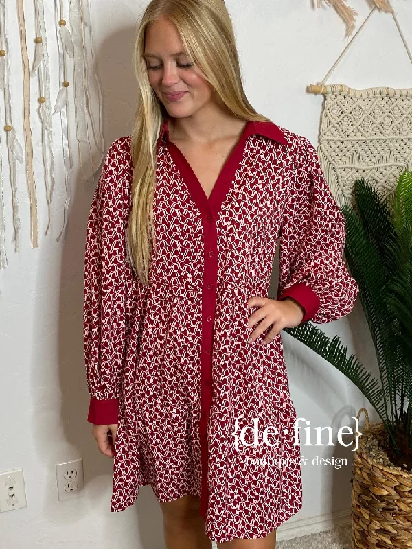 Clearance Items Crimson and  White Abstract V-Neck Dress