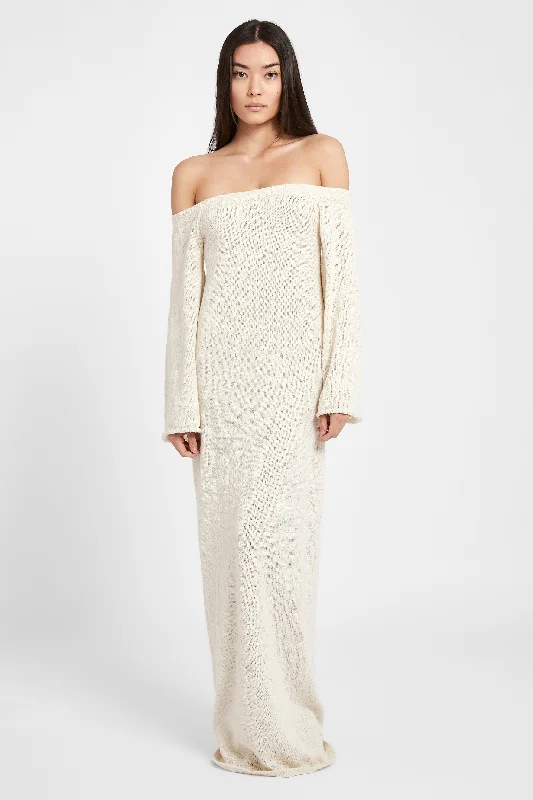 Bonus Savings Crochet Knit Off Shoulder Maxi Dress - Cream